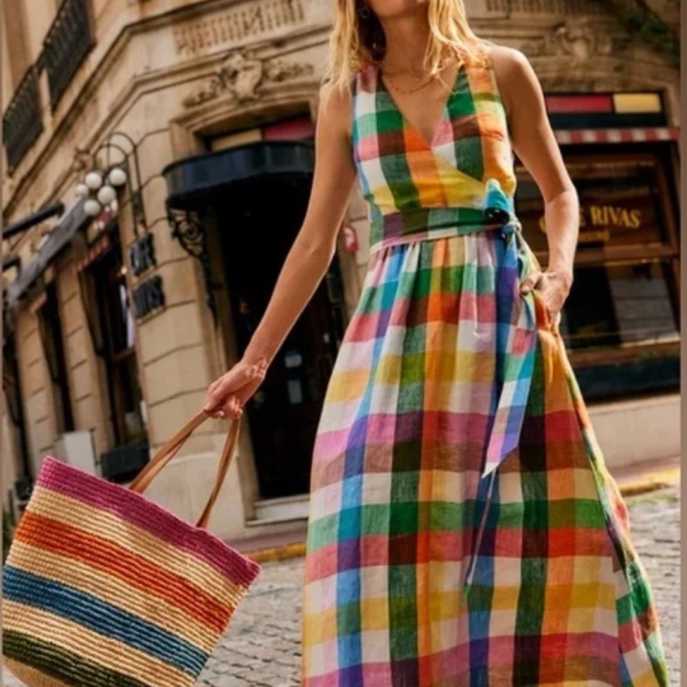 Boden Linen Wrap Midi V Neck Sleeveless Dress Multicolor, Sz 6